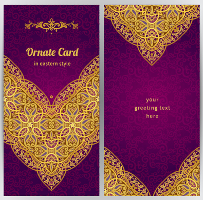 Purple with golden ornate greeting cards vector 05