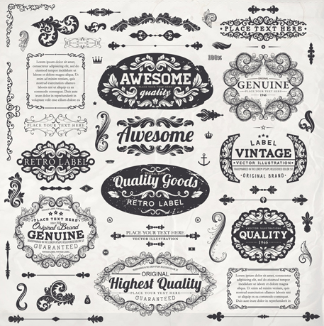 Vintage label and Ornaments design vector set 03