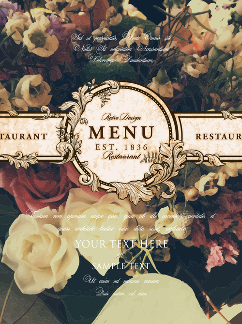 Vintage restaurant menu cover with flower blurs background vector 07 Vintage restaurant menu cover with flower blurs background vector 07