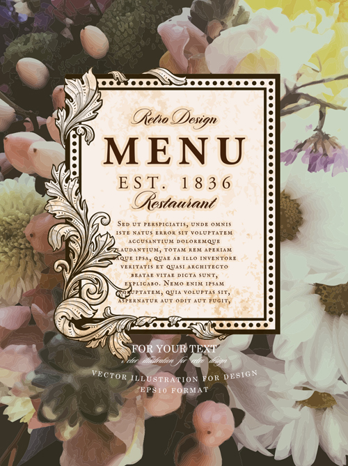 Vintage restaurant menu cover with flower blurs background vector 09 Vintage restaurant menu cover with flower blurs background vector 09