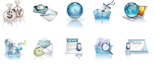 Vista icons user purse paper palette notebook computer News music microphone mail login envelope email earth coffee cup clock CD books  