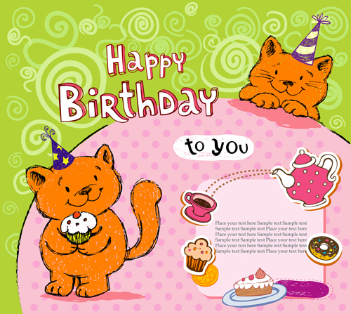 ay cards creative vector material 03 Cute cat birthday cards creative vector material 03