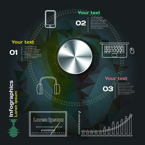Dark style infographic with diagrams vectors 01