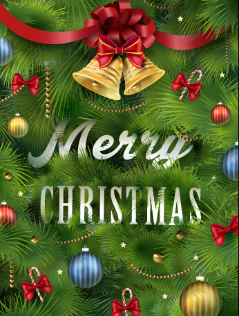 Green needles background with christmas baubles vector