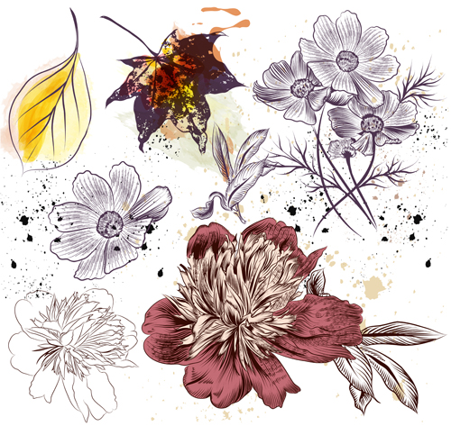 Hand drawn flower with leaves grunge background vector Hand drawn flower with leaves grunge background vector