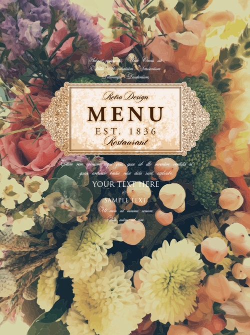 Vintage restaurant menu cover with flower blurs background vector 05 Vintage restaurant menu cover with flower blurs background vector 05