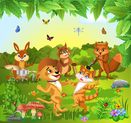 natural scenery design vector set 03 Wild animal and natural scenery design vector set 03