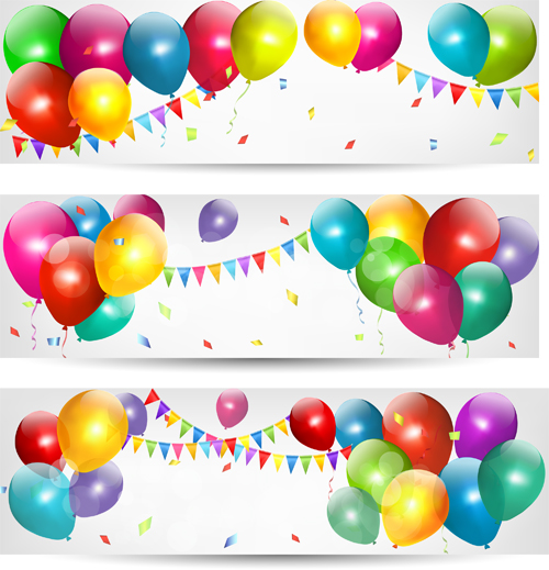 Birthday banners colored balloons vector 03