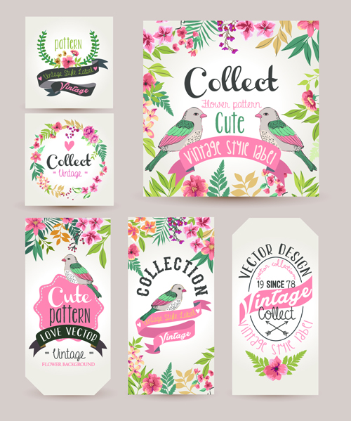 Flower with birds vintage cards vector 02