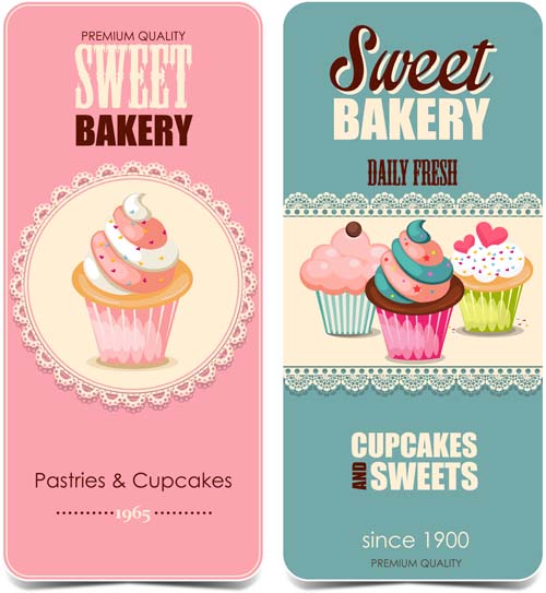 Vintage pastries with cupcakes cards vector