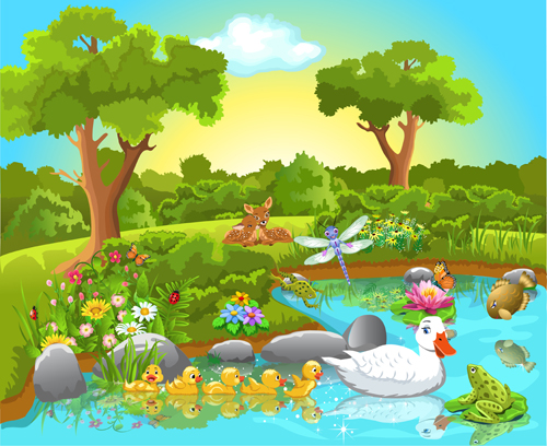 natural scenery design vector set 01 Wild animal and natural scenery design vector set 01