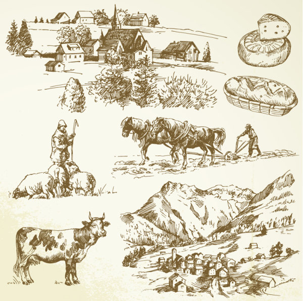 Hand drawing farm design elements vector 01