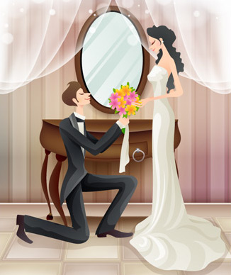white curtain table sweet marriage vector South Korean material mirror men and women marriage life courtship couples bouquet 