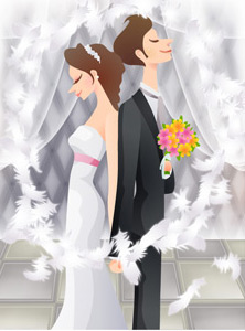 white curtain sweet marriage vector South Korean material men and women marriage life feathers couples back to back a bouquet of flowers 