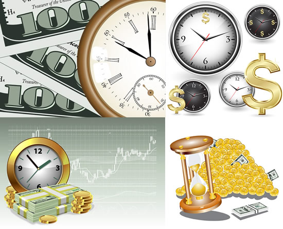 watches and clocks Time and money paper money hourglasses coins charts business background 