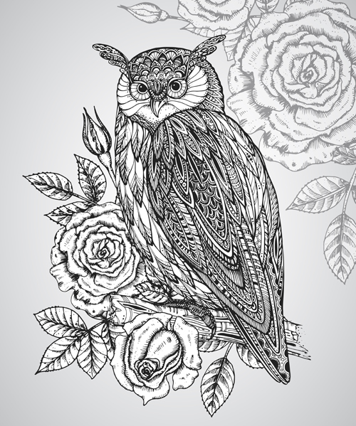 Owl with ornament floral vector 03 Owl with ornament floral vector 03