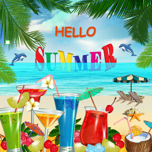 Summer travel with fruit drink vector background 01