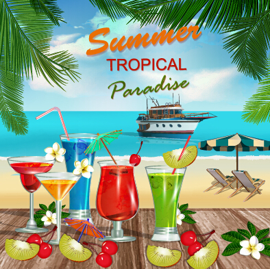 Summer travel with fruit drink vector background 04