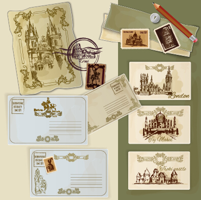 Travel postcard vintage styles vector set 01
