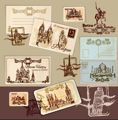 Travel postcard vintage styles vector set 02
