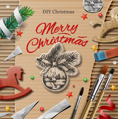 Wooden baubles merry christmas vector cards 01