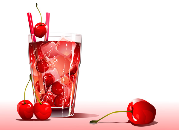 Vector fruit drinks straw red liquid ice glass fruit cherry 