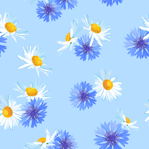 Blue with white flower vector seamless pattern