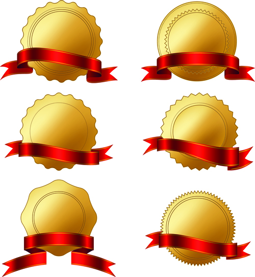 Golden badge with red ribbon vector