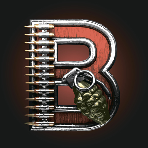 Metal alphabet with bullet and grenade vectors set 02