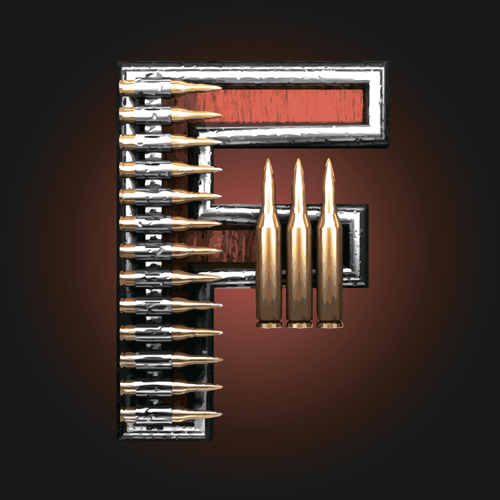 Metal alphabet with bullet and grenade vectors set 06