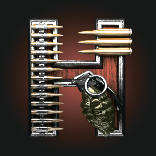 Metal alphabet with bullet and grenade vectors set 08