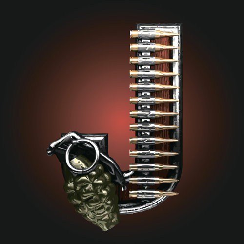 Metal alphabet with bullet and grenade vectors set 10