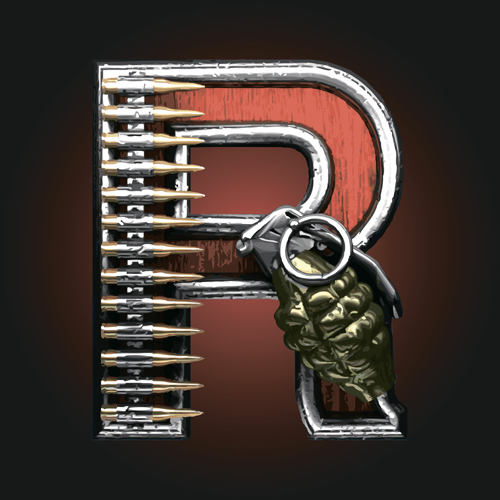 Metal alphabet with bullet and grenade vectors set 18