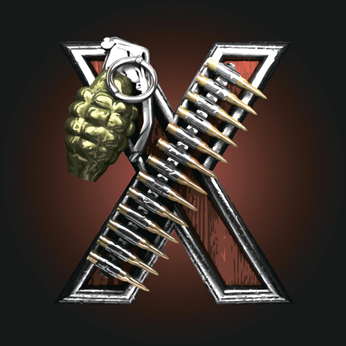 Metal alphabet with bullet and grenade vectors set 24