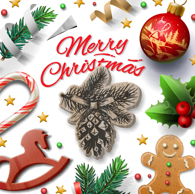 Wooden baubles merry christmas vector cards 07
