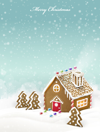 Xmas snow with wooden house background