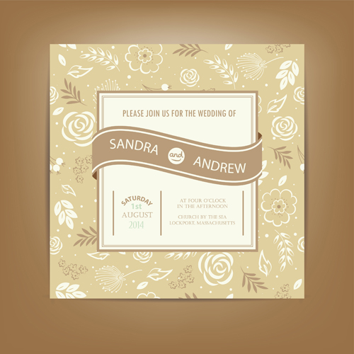 Beige floral wedding cards vectors 01