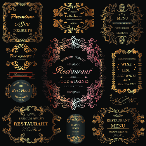 Golden ornament labels with vintage frames vector 02