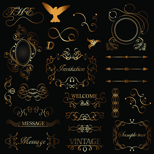Golden ornament labels with vintage frames vector 04