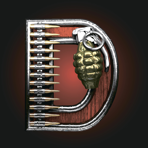 Metal alphabet with bullet and grenade vectors set 04