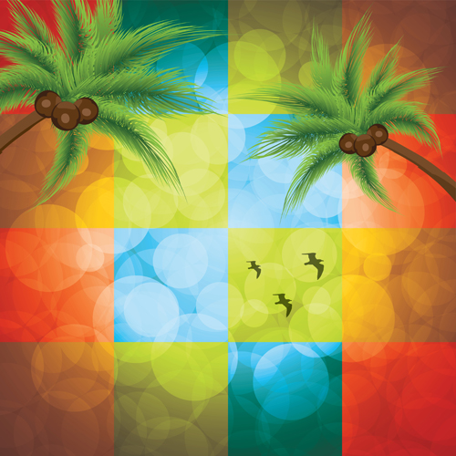 Shiny colored square with coconut tree background vector