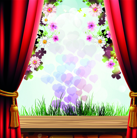Set of Windowsill and red curtains vector 02