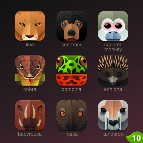Funny animal icons flat style vector 15