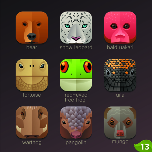 Funny animal icons flat style vector 16