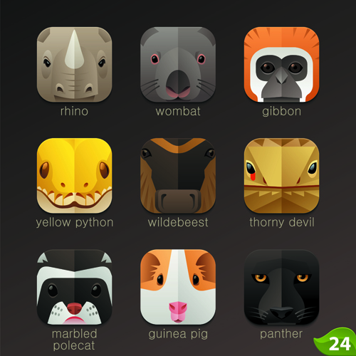 Funny animal icons flat style vector 17