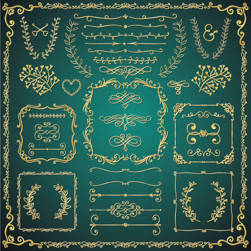 Golden calligraphic decor with frame and border vector 05