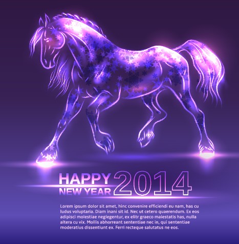 Neon Horse New Year design vector background 01