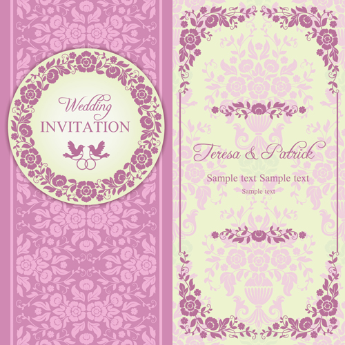 Ornate pink floral wedding invitations vector 02