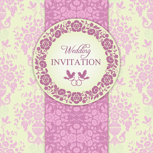 Ornate pink floral wedding invitations vector 03