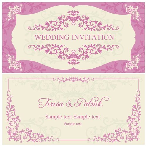 Ornate pink floral wedding invitations vector 04
